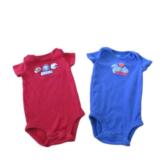Carters Child of Mine 2 Pc Onesie Bundle Boys 0-3M‎ Blue Red Short Sleeve Sports - Picture 1 of 5